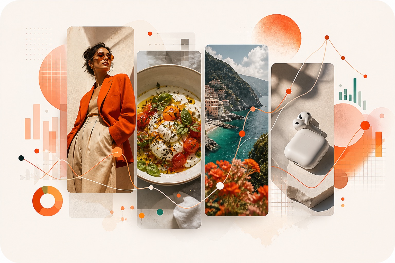 Editorial collage of creator content and social analytics signals